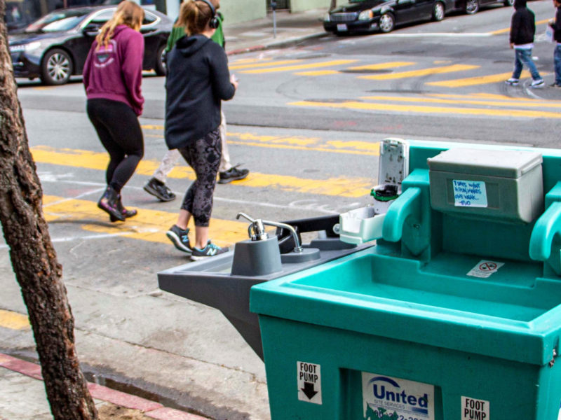 A United Site Services handwashing station at Haight and Ashbury streets in March was completely out of soap.