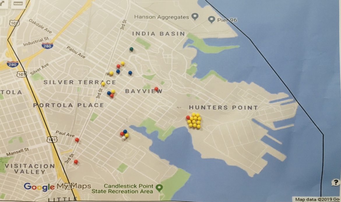 A map created by Dr. Ahimsa Porter Sumchai to show where elevated levels of four elements were detected in residents, resulting from a community health biomonitoring survey. Photo courtesy of Dr. Ahimsa Porter Sumchai.