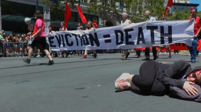 San Francisco Mayor London Breed Tuesday extended her eviction moratorium through the end of November. For many tenants, that will delay displacement — a longstanding political issue in the city, as exemplified by this demonstration at the 2014 Pride Parade.