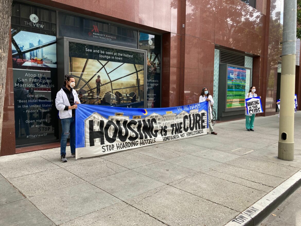 Protesters from POOR magazine, a publication and activist organization, attempted to occupy the Marriott Marquis hotel in downtown San Francisco in May to demand the city house more homeless residents in the thousands of hotel rooms left vacant during the coronavirus pandemic. City supervisors voted to expand the hotel room shelter program this week.