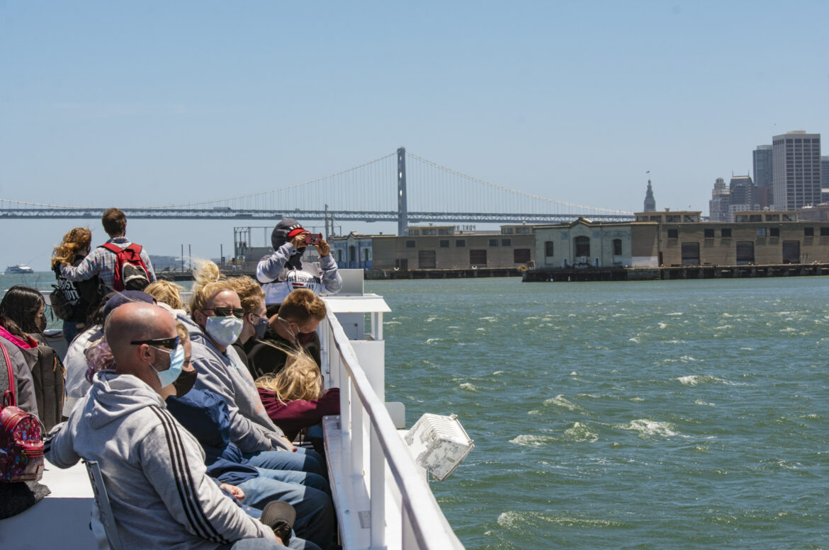 Visitors ride the Alcatraz Cruise across San Francisco Bay to return to the city.