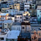 An aerial shot of 2-4 story apartment buildings in San Francisco's North Beach neighborhood.