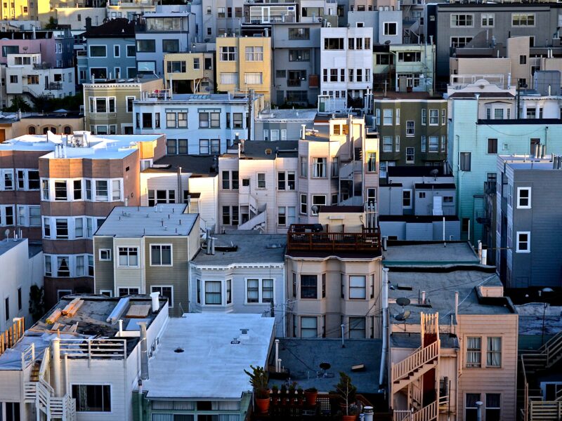 An aerial shot of 2-4 story apartment buildings in San Francisco's North Beach neighborhood.