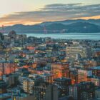 A view of San Francisco, the Golden Gate Bridge, and Marin County at sunset.