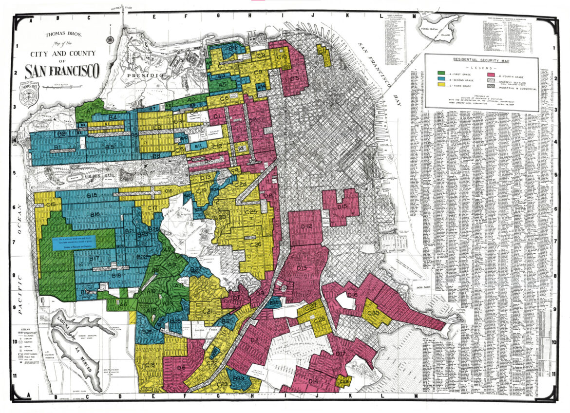 A map of San Francisco shows central and southern neighborhoods marked in red. In the early 20th century, San Francisco’s central and southeastern neighborhoods were redlined, meaning designated as high risk, leaving their residents less likely to obtain government-backed mortgage loans than residents of other areas. A recent study suggests their residents now face higher risks from pollution.