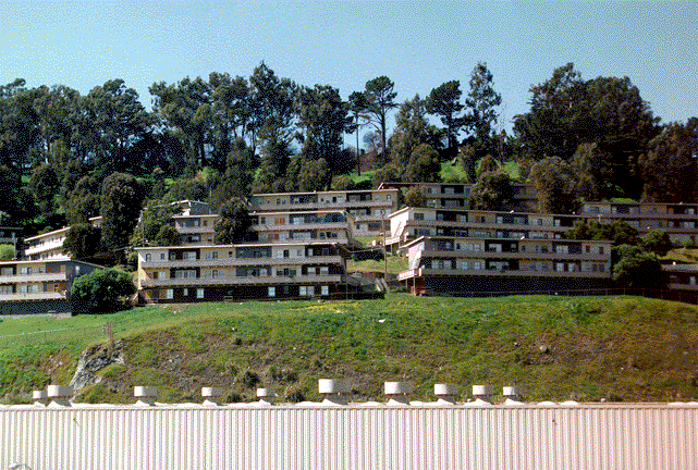 Multiple three-story apartment buildings line a San Francisco hillside in the Potrero Terrace public housing development.