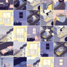 An illustration with 25 panels depicting calendar pages alternating with experiences of people living in homelessness or temporary shelter while waiting to be assigned to permanent housing.