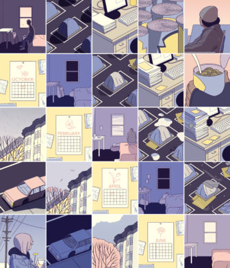 An illustration with 25 panels depicting calendar pages alternating with experiences of people living in homelessness or temporary shelter while waiting to be assigned to permanent housing.