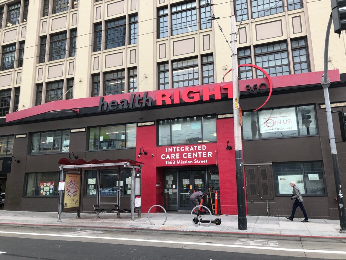 A photo of the building fascade and entrance to a HealthRIGHT 360 location on Mission Street. Overdoses in San Francisco spiked in 2020. HealthRIGHT 360 is one of many organizations in the city that provide substance use disorder treatment services.