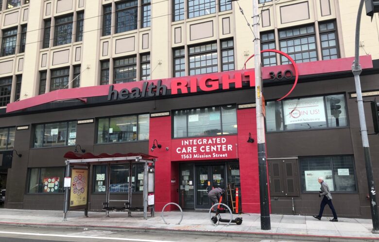 A photo of the building fascade and entrance to a HealthRIGHT 360 location on Mission Street. Overdoses in San Francisco spiked in 2020. HealthRIGHT 360 is one of many organizations in the city that provide substance use disorder treatment services.