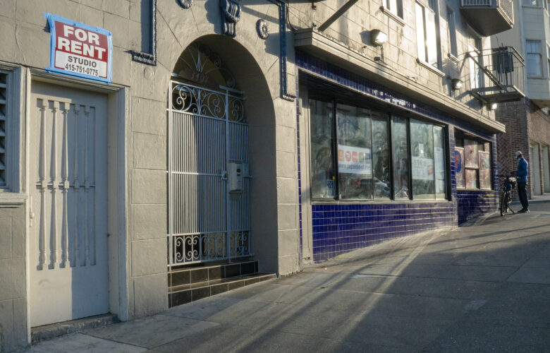 A "For Rent" sign is taped above a doorway in San Francisco's Mission District, next to a retailer. San Franciscans in need of rent relief could get a reprieve if a law proposed March 24 passes -- but only if they act fast.