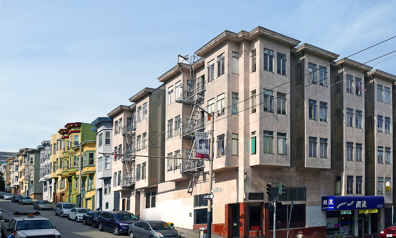 A view of four-story apartment buildings on a San Francisco street. An eviction wave could wash over California starting in April, after statewide protections for renters expire, according to tenants' groups.