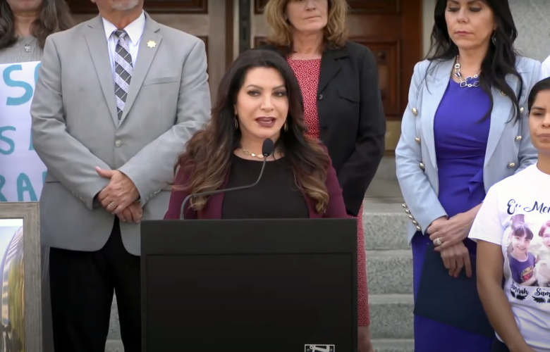 State Sen. Susan Rubio, who introduced a senate bill to expand the California Family Code to include coercive control in family court hearings and criminal trials, speaks about the need to keep children of domestic violence survivors safe in front of Los Angeles City Hall on June 27, 2022.