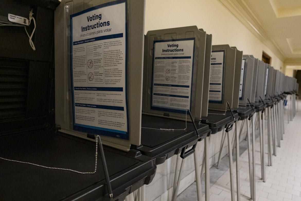 Voting carrels line hallways at the San Francisco City Hall Voting Center.