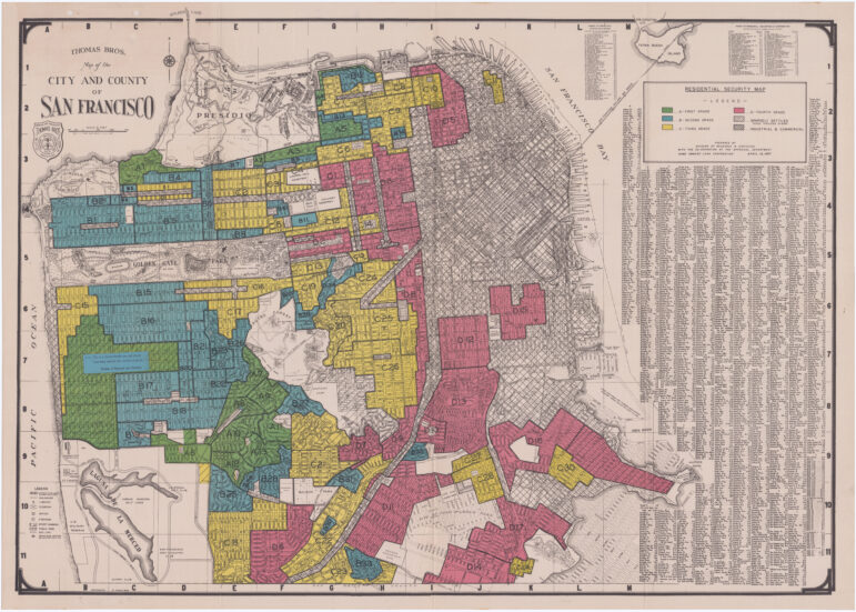 A map of San Francisco from the late 1930s depicts parts of the city highlighted with different color blocks: red, yellow, blue and green. Some areas of the map are not color coded. A legend and some text appears to the right of the map but the text is small and difficult to read.