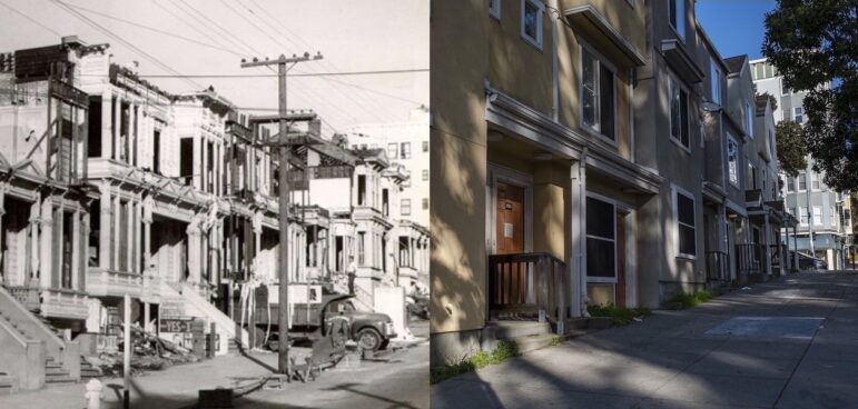 In this split image, on the left is a black and white photo of a row of urban, Victorian Era homes with adjoining walls, and on the right it a color photo depicting two-story contemporary town homes with yellow and gray stucco walls, white trim and wooden doors.