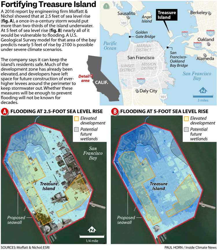 A locator map of Treasure Island in San Francisco Bay. Two side-by-side maps showing flooding of the island in the 2.5-foot and 5-foot sea level rise scenarios.