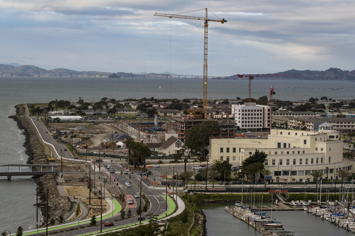 Long view of Treasure Island with construction crane in the distance