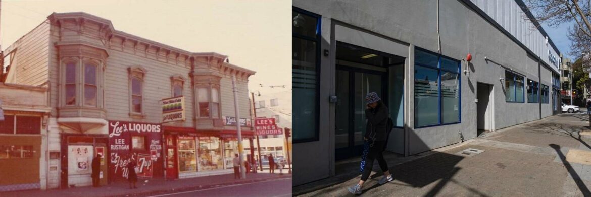 The image on the left shows a two-story Victorian building. The top floor has bay windows and is painted beige. The ground floor is painted red and displays commercial signage for Lee's Liquor Store. The photo on the right shows the sidewalk along a nondescript one-story building with gray walls and flat windows.