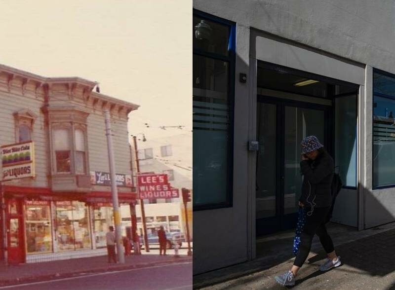 The image on the left shows a two-story Victorian building. The top floor has bay windows and is painted beige. The ground floor is painted red and displays commercial signage for Lee's Liquor Store. The photo on the right shows the sidewalk along a nondescript one-story building with gray walls and flat windows.