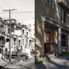 In this split image, on the left is a black and white photo of a row of urban, Victorian Era homes with adjoining walls, and on the right it a color photo depicting two-story contemporary town homes with yellow and gray stucco walls, white trim and wooden doors.