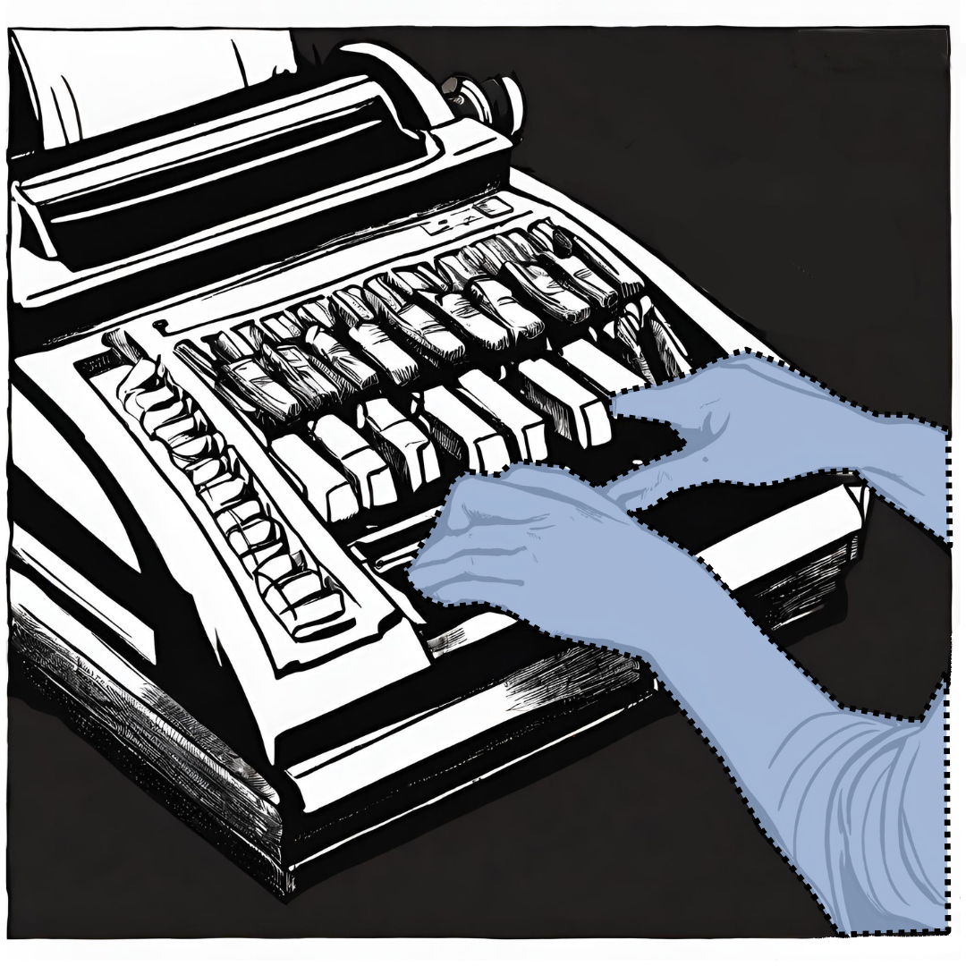 Ink drawing of a stenotype machine with hands disappearing