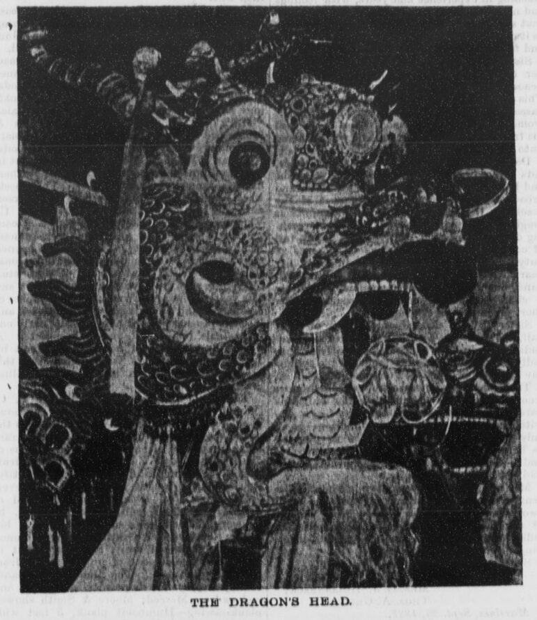 A black and white image of the parade dragon that was imported from China for San Francisco's Chinese New Year Parade in 1887.