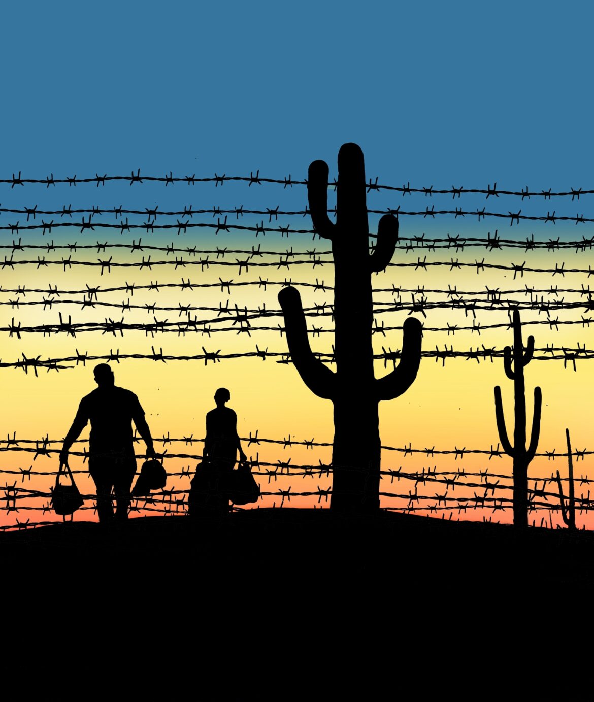 Silhouettes of two people crossing the desert.