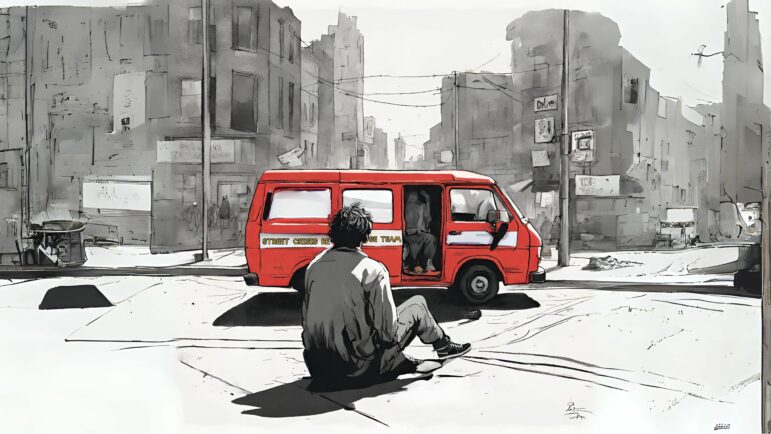 An illustration of a man watching the arrival of a red van, labelled Street Crisis Response Team — a common scene before people are put on involuntary psychiatric detentions AKA “5150 holds.”