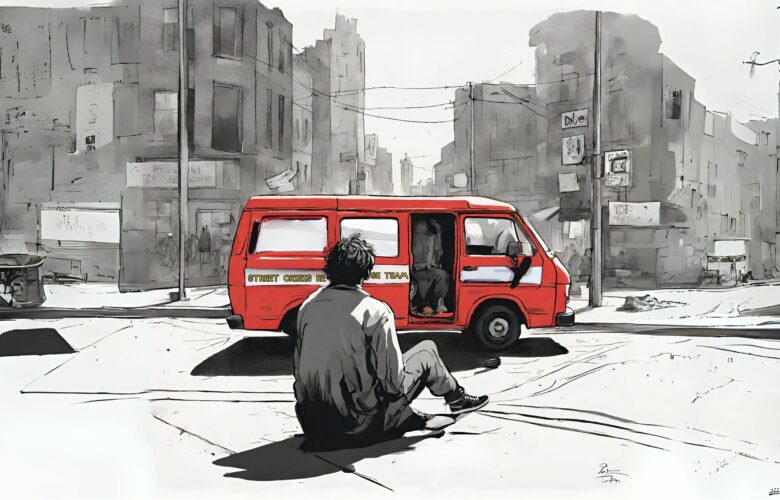 An illustration of a man watching the arrival of a red van, labelled Street Crisis Response Team — a common scene before people are put on involuntary psychiatric detentions AKA “5150 holds.”