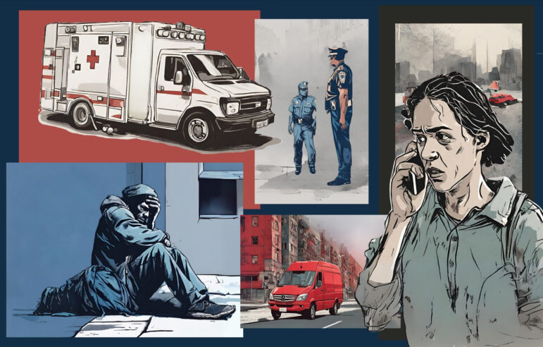 A collage depicting someone making a phone call about a homeless person in distress, as well as the emergency responders who may be dispatched to that call.