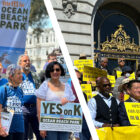 A split photo, showing supporters of Proposition K on the left, at a rally, and opponents of the measure on the right, in front of City Hall.