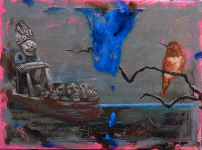 This oil painting by artist Oscar Lopez features an indigenous figure with a pile of skulls in a boat, all in gray scale on a gray background, with a red bird on a branch on the right and a splash of bright blue in the middle — perhaps a bird taking flight — with bright pink accents of color around the far edges of the painting.