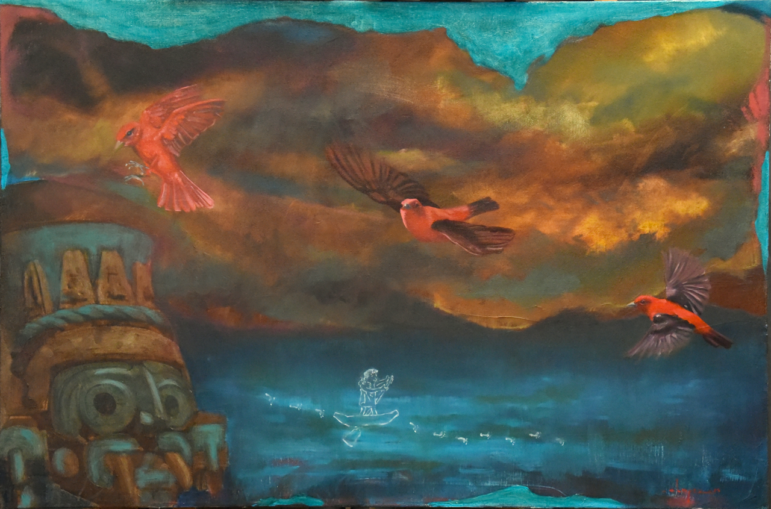 This painting by artist Oscar Lopez shows an Indigenous figure on the left, with the outline of a human in a boat etched lightly on blue waters, and three red birds flying above amid brown and orange clouds.