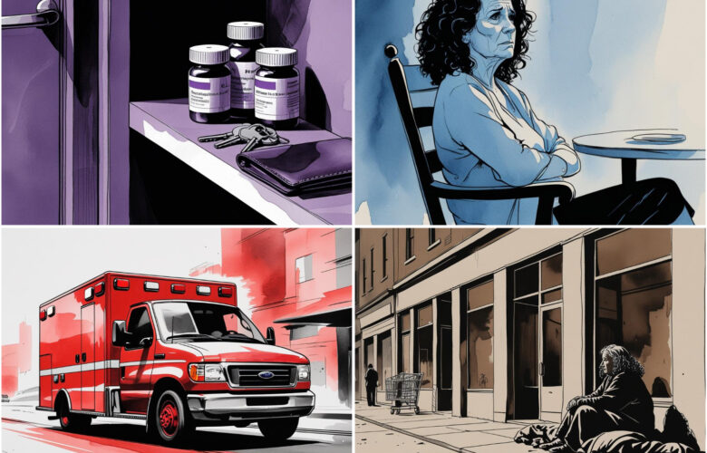 Four images, clockwise from upper-right: A woman, looking concerned; a woman, homeless; an ambulance; a shelf in the interior of someone's home, containing a wallet, keys and pill bottles.