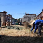A man in a blue shirt and wide-brimmed hat pulls weeds in a dry, grassy lot. Two other people are working in the background.