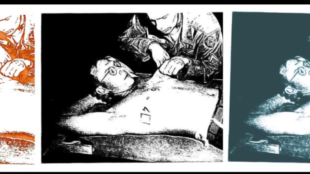 Soldiers ordered to crawl through a field of radioactive dirt in tests of nuclear battlefield conditions in 1958 had radiation-detecting patches attached to their skin. Source: Naval Radiological Defense Laboratory. Photo illustration by Stacey Carter. colorized photos of a man lying on his back bare chested, with a man uniform peeling radiation patches off his skin