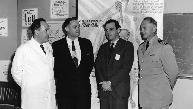 Navy Capt. Albert Behnke Jr., far right, the lab’s radiological medical director, oversaw many exercises that exposed humans to radiation. He researched whether athletes might be best equipped to survive nuclear conflict with the Soviet Union. Source: Duke University Medical Center Archives.