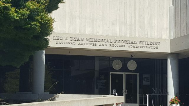 The National Archives and Records Administration’s San Bruno branch office is home to most surviving paper records from the Naval Radiological Defense Laboratory. The front door of the National Archives and Records Administration office in San Bruno, California