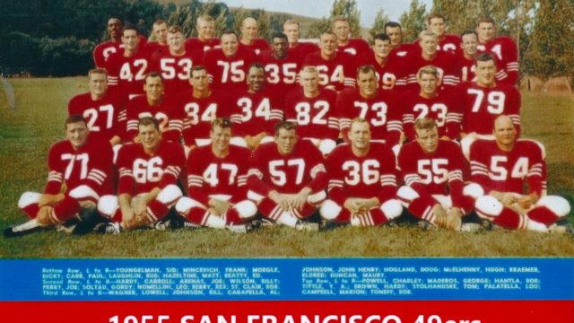 Members of the 1955 San Francisco 49ers were among those whom scientists sought for medical experiments involving radiation, planning documents show. One researcher later interviewed by Lawrence Berkeley National Laboratory said the players did participate. color publicity shot of team labeled 1955 San Francisco 49ers