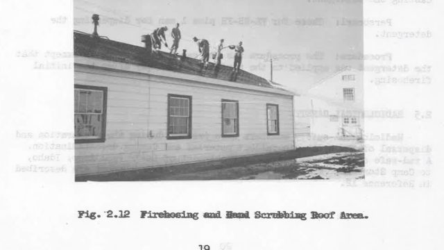 The lab used “synthetic fallout,” a radioactive mockup of the deadly poison that would cover the landscape after a nuclear attack, in numerous studies. Men equipped with minimal protective gear attempted to clean roofs and mustering grounds at Camp Stoneman in Contra Costa County in 1956. Source: Naval Radiological Defense Laboratory. Five men working on a rooftop of a one-story building in a black-and-white photo